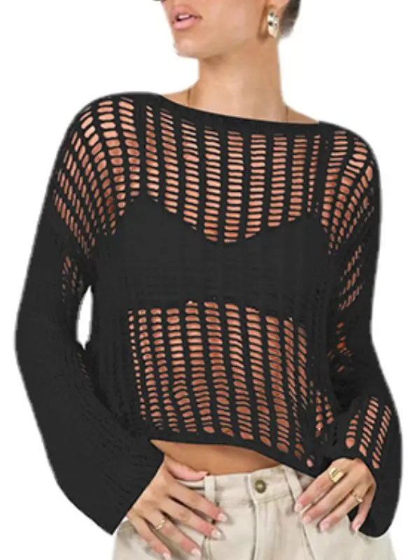 2024 Summer Cross-Border Knitted Sweater Personalized Sunscreen Blouse Solid Pattern Thin Long-Sleeved Top for Parties