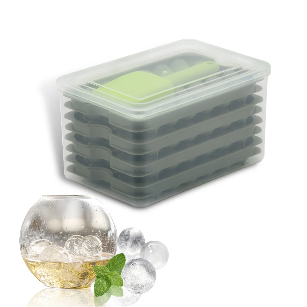 New Design 4 Pack  Plastic Mini Round Ice Cube Tray Easy Release Ice Ball Maker Mold with Bin and Scoop for Freezer