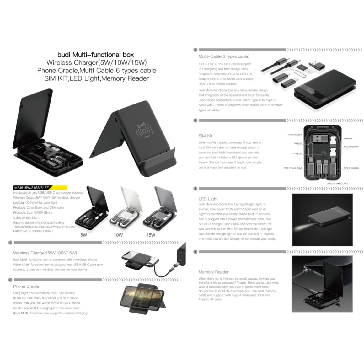 
oem new mobile phone accessories and gadgets budi 15W wireless charger with type-c to type-c usb data cables for phone charging 