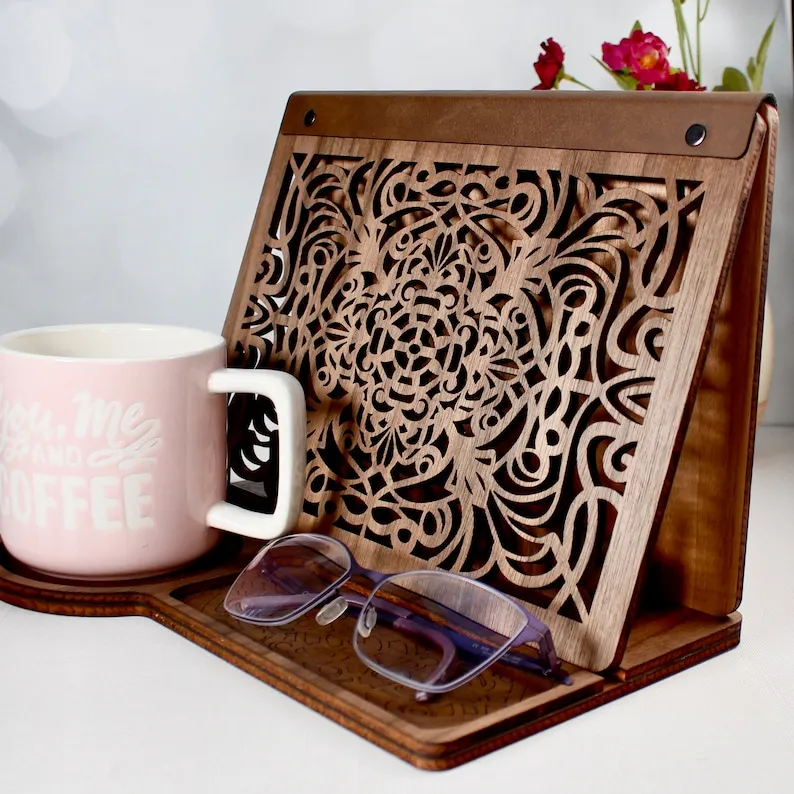 Walnut Wood Book Valet Tray Nightstand with Unique Lasercut Art Deco Design Home Decor Gift for Book Lovers Moms on Birthday
