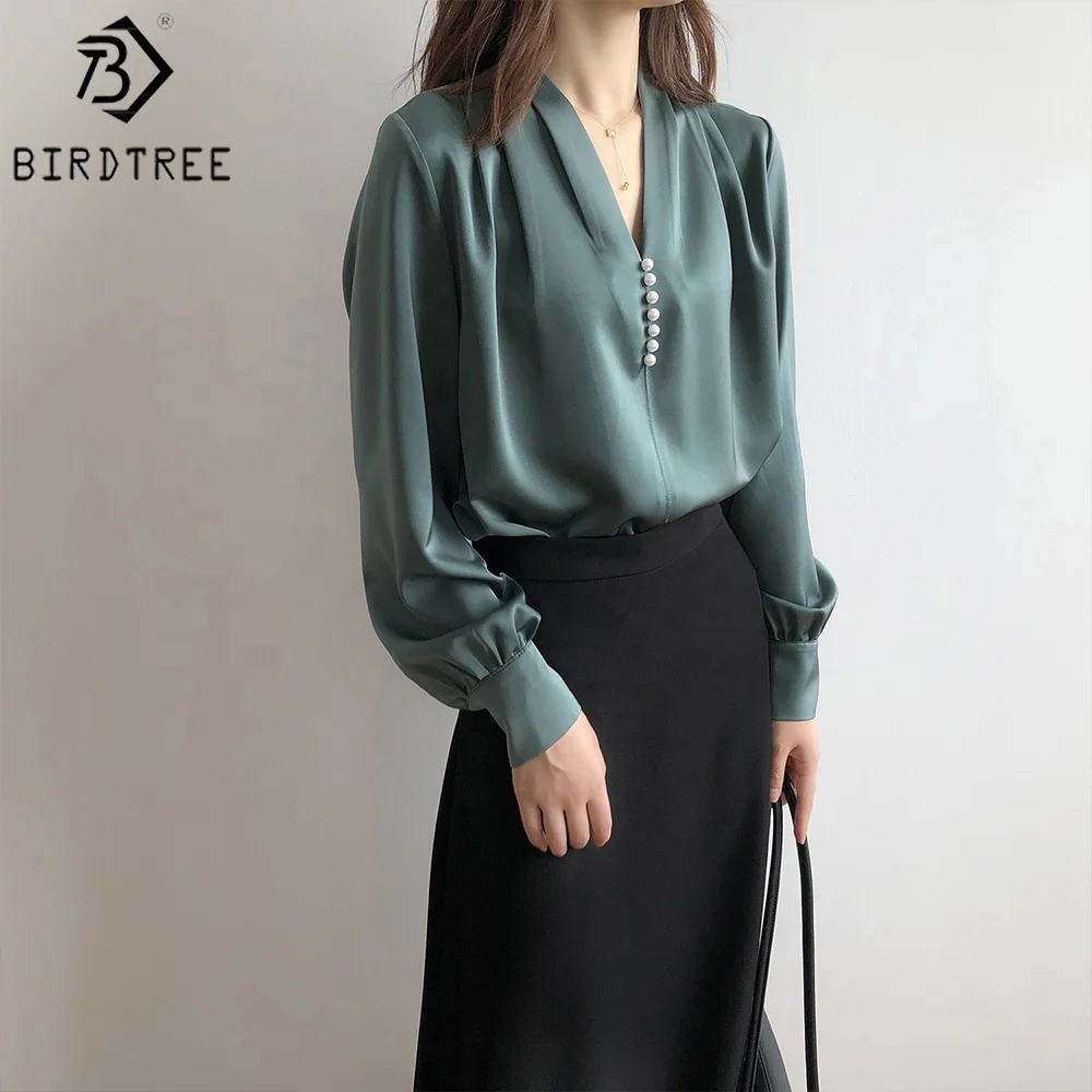 Women Autumn Satin Long Shirts Long Sleeves V Necks Beaded Elegant Loose Female Clothes Blouses Casual Winter Basic Tops