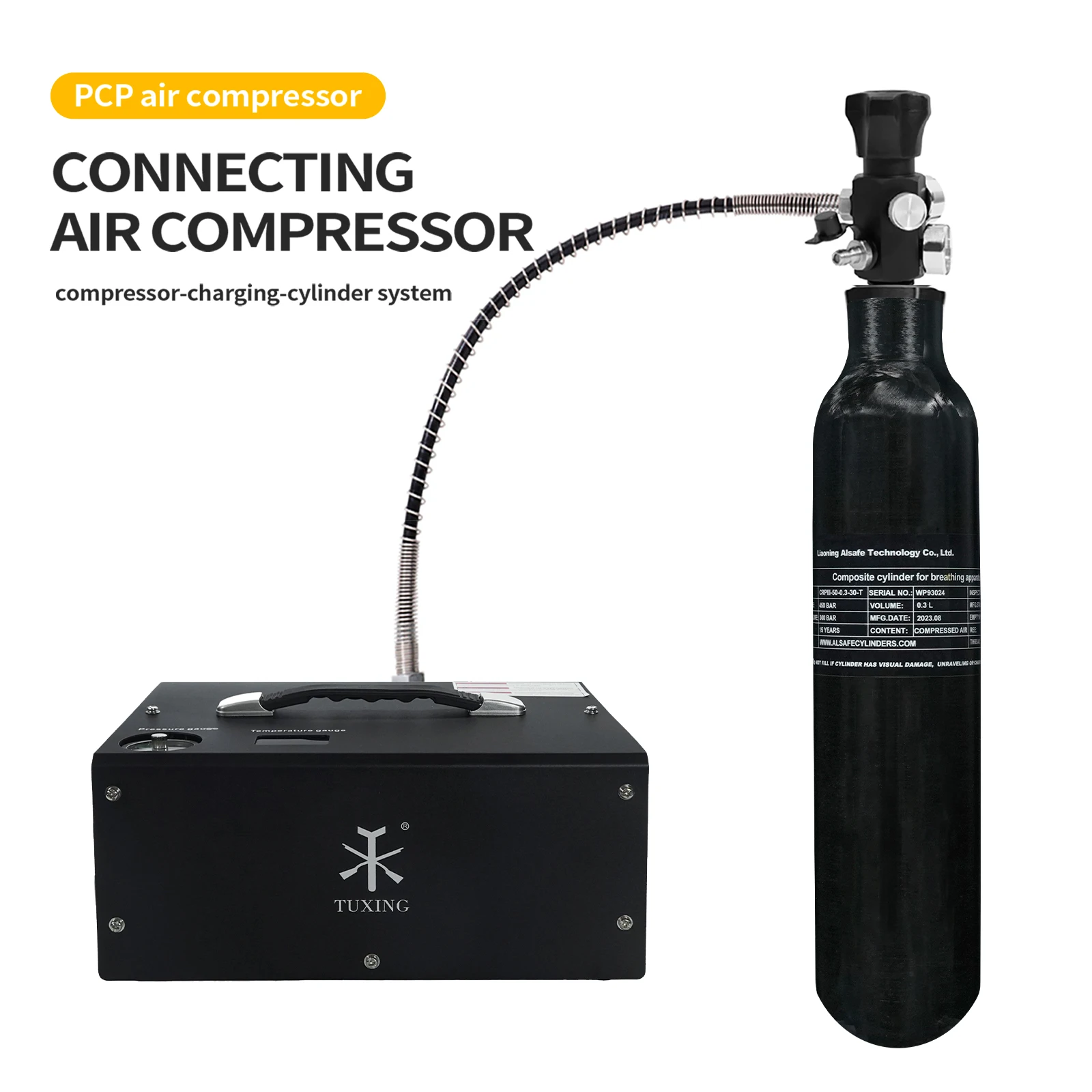 TUXING Factory Low Price High pressure 0.3L 3000psi 300bar CE Paintball Composite Materials Aluminum Black Carbon Fiber Air Tank