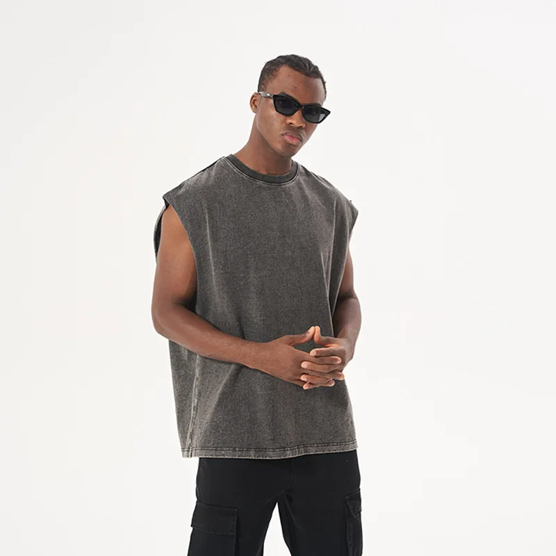 Men Washed Vintage Tshirt Vest  High Street Outer Washed Tank Top Sleeveless Streetwear Hipster Tank Top