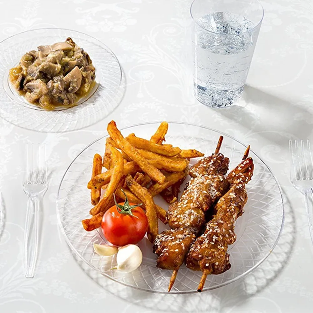 Disposable  Crystal Clear Diamond Plastic Plate Set 6.25 Inch Fancy Hard Round Heavy Duty for Wedding Party