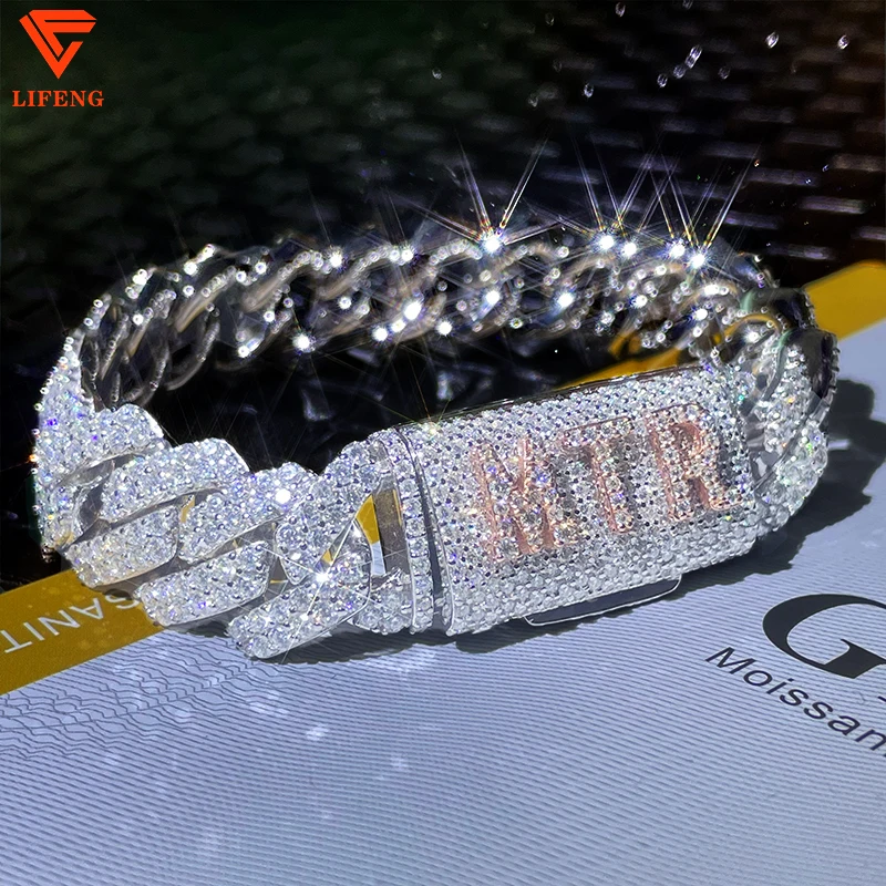 Custom Name 925 Sterling Silver Bracelet with White Gold Plating Cuban Link Chain & Iced out VVS Moissanite Diamond Jewelry Gift