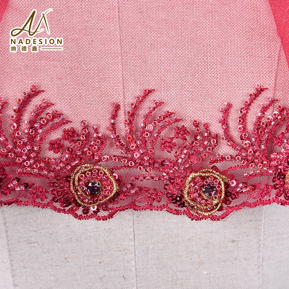 Wholesale Embroidery Decorative Mesh Ruffle Pearl Beaded Border Lace Trim Embroidery Flower Lace Trims