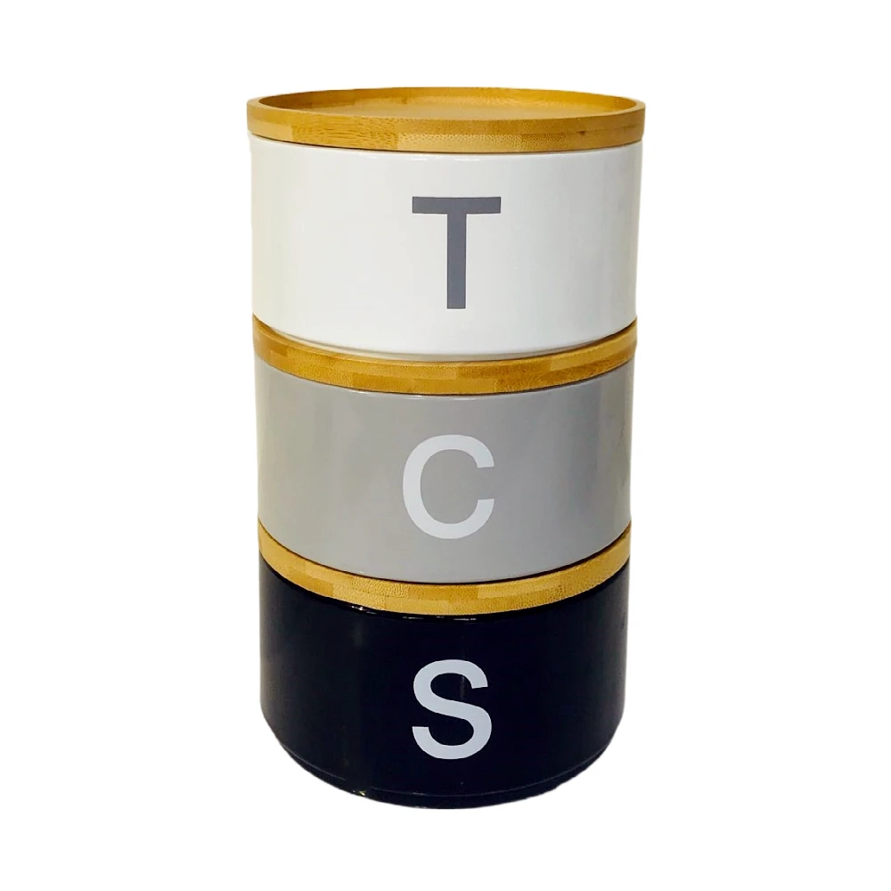 Custom 3pk Stackable Kitchen Storage Metal Canisters 3 Tier Tea Coffee Sugar Set with Bamboo Lids Fresh Style for Food Use