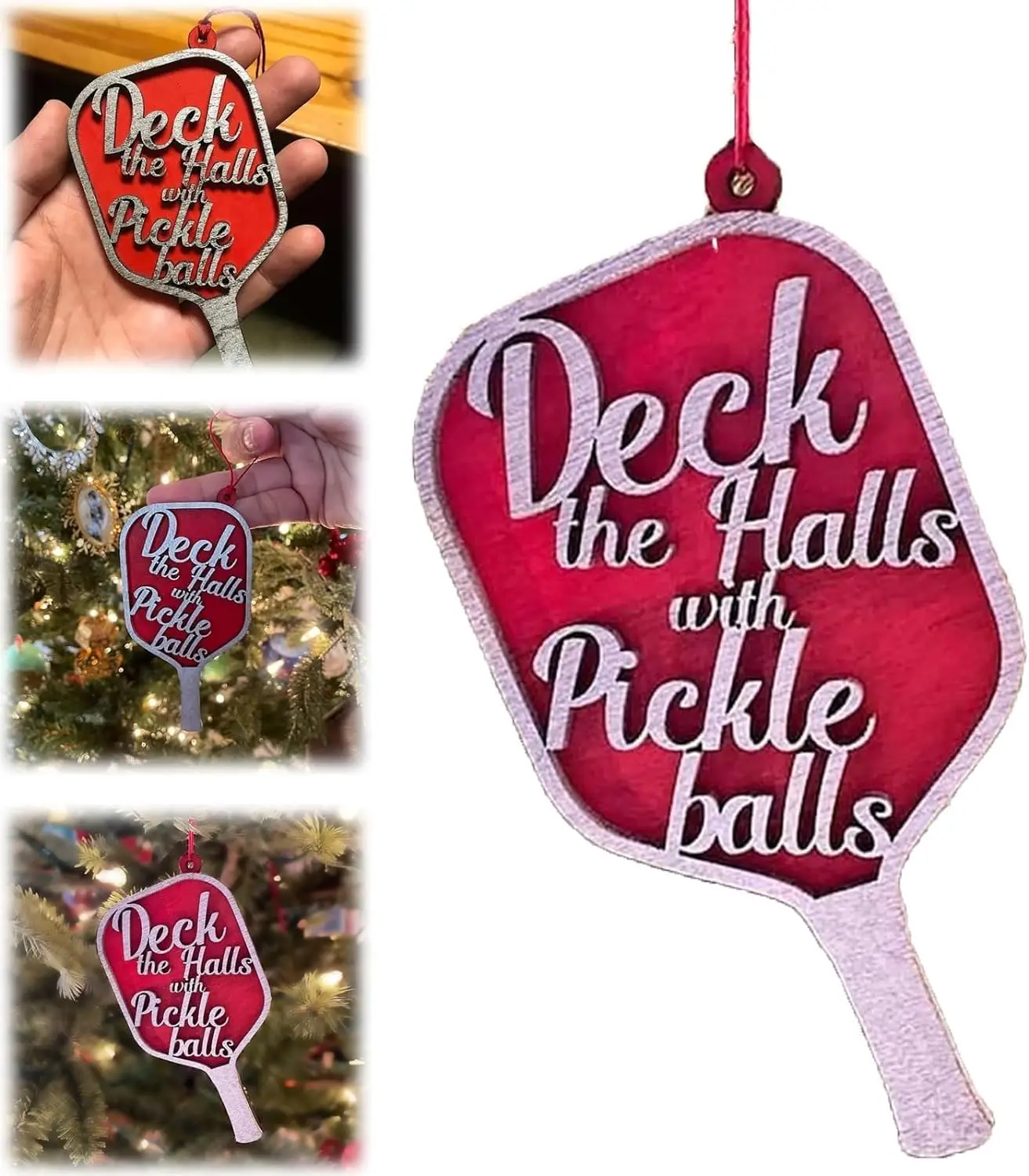Pickleball Christmas Ornament,Hanging Tree Accessories,Deck The Halls with Pickle Balls Red Paddle