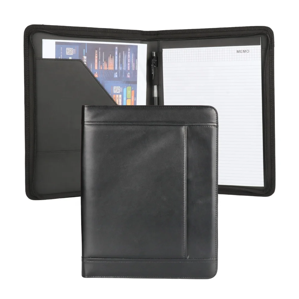 Custom Zipper Document Padfolio Folder With Memo Black Business Zippered PU Leather A4 Document Padfolio Portfolio Folder