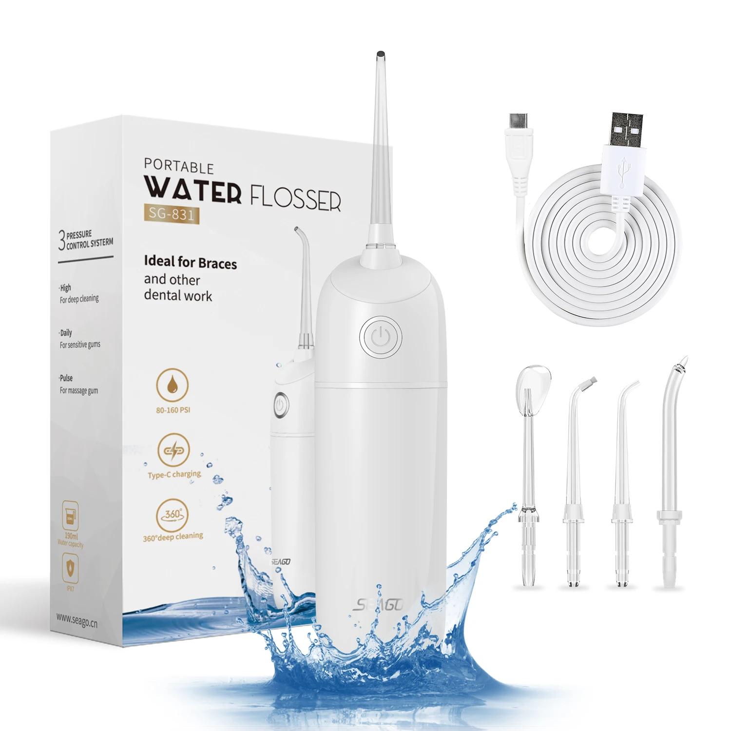 2024 Seago Mini Water Flosser Cordless High Waterproof 190ml Water Tank Factory OEM Cordless Oral Portable Dental Floss SG831