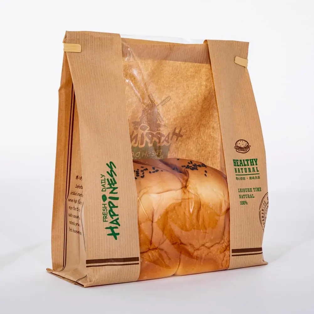 Custom Logo Paper Bread Loaf Bag Kraft Snack Food Packaging Bakery Bag With Window