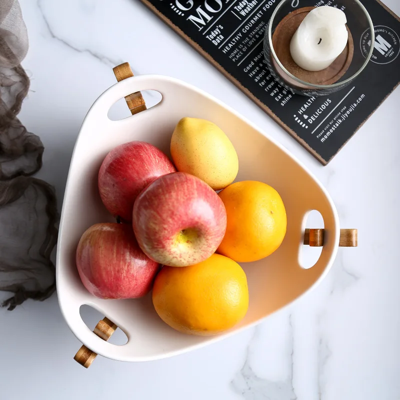 
Nordic white ceramic large fruit bowl salad bowl with bamboo stand 