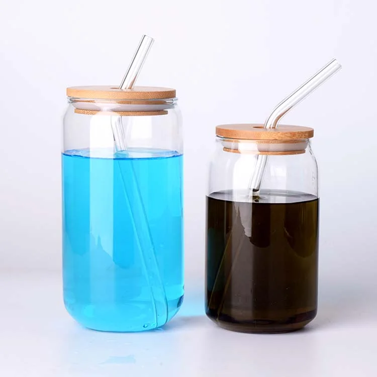 New 16oz Blank Clear Beer Mugs Shaped Glass Can Coke With Bamboo Lid And Straw For Heat Press Machine