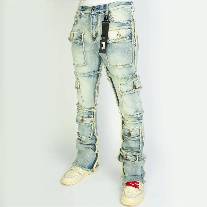 Custom Men Flare Jeans Streetwear Fashion Slim Multi Pocket Wide Leg Blue Stacked Jeans