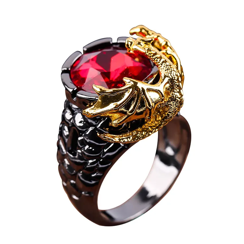 Для клубных вечеринок в стиле готик-панк Рок двух цветовых гаммах круглый рубиновое кольцо бриллиантовой огранки золотой дракон для мужчин, кольцо, кольцо из нержавеющей стали