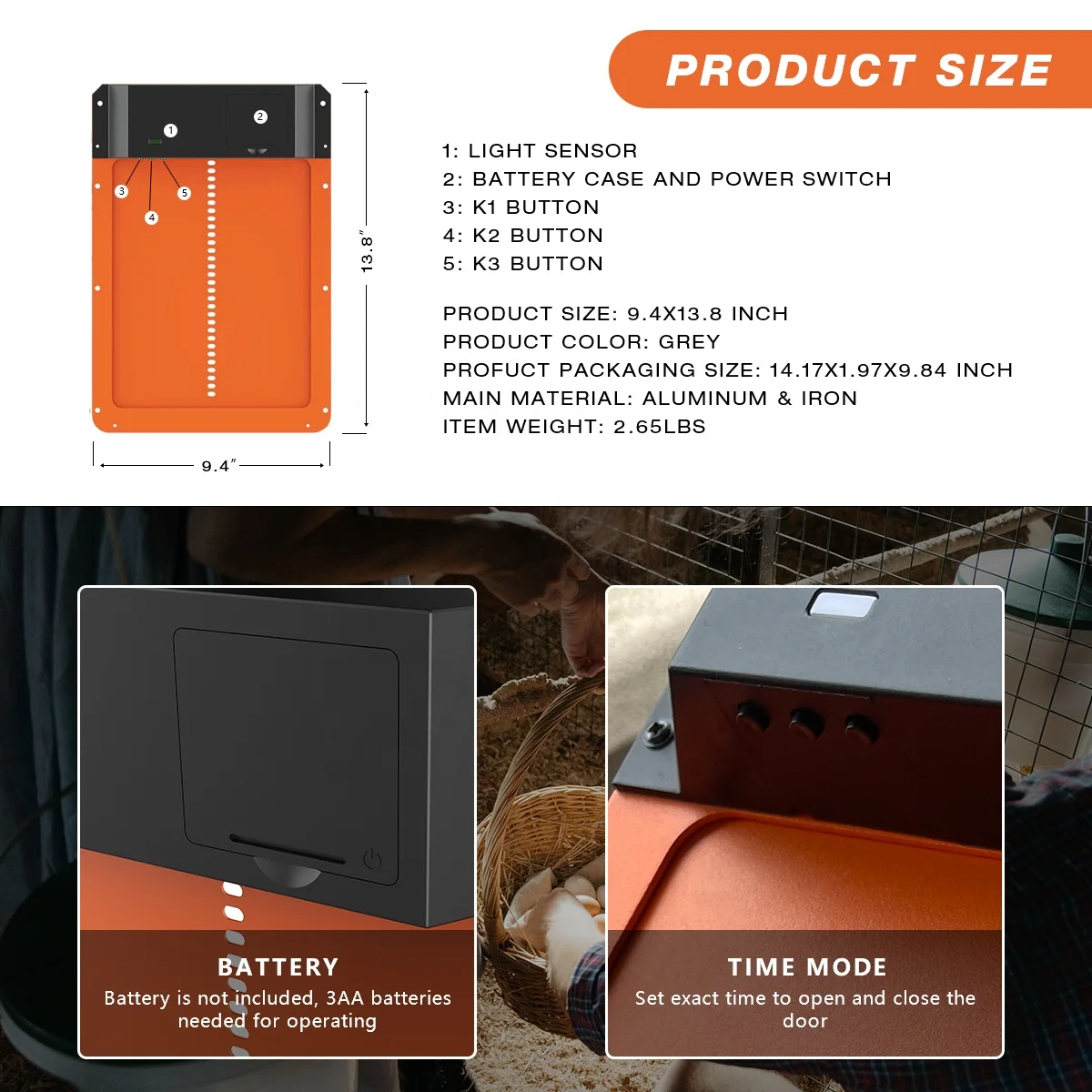 USA IN Stock Automatic Chicken Coop Door Full Metal Doors Light Sensing Chicken Coop Door Timer Control Multi-Modes Orange