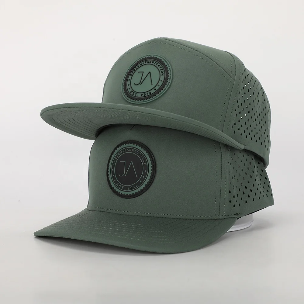 BSCI Oem Custom Design High Quality Flat Brim 7 Panel Sport Hat Rubber Patch Logo Polyester Gorras Laser Cut Hole Snapback Cap