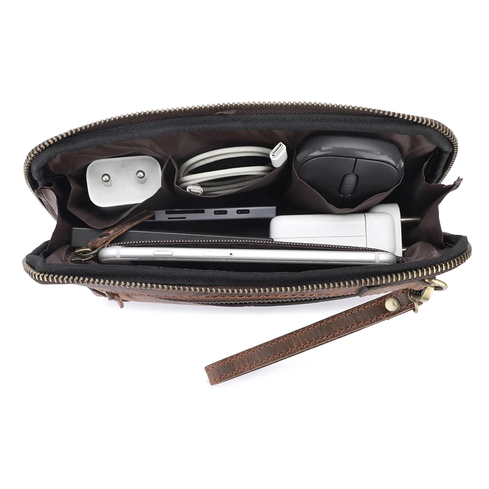 Crazy Horse Leather Waterproof Phone Accessories and Electronics Large Capacity Travelling Bags for Travel Gadget Cable Charger