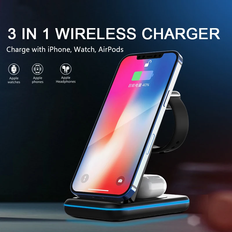 Folding Wireless Charger For Iwatch Airpods For Iphone Fast Qi 15W Phone Charging Stand 3 In 1 Foldable Wireless Charger