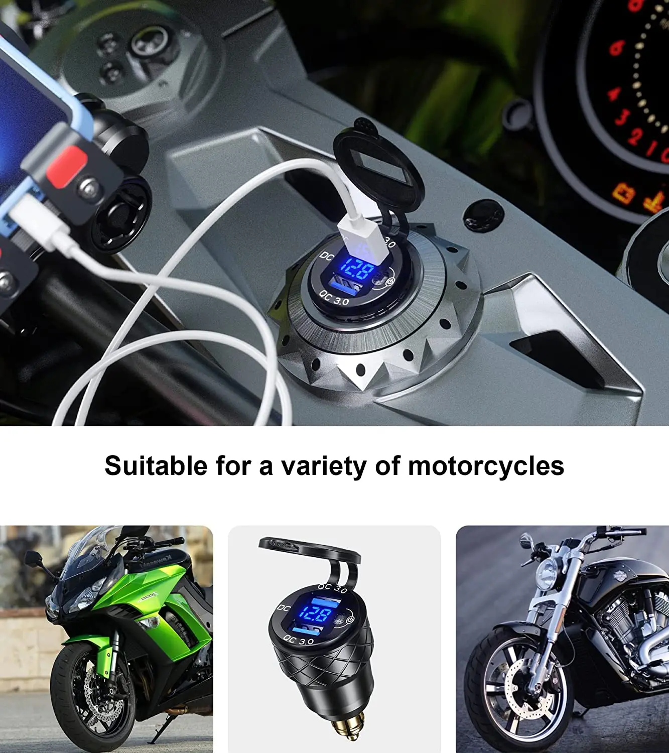 Aluminium DIN Hella Power outlet Plug Charger Motorcycle Dual Quick Charger 3.0 USB Charger Power Adapter with LED Display