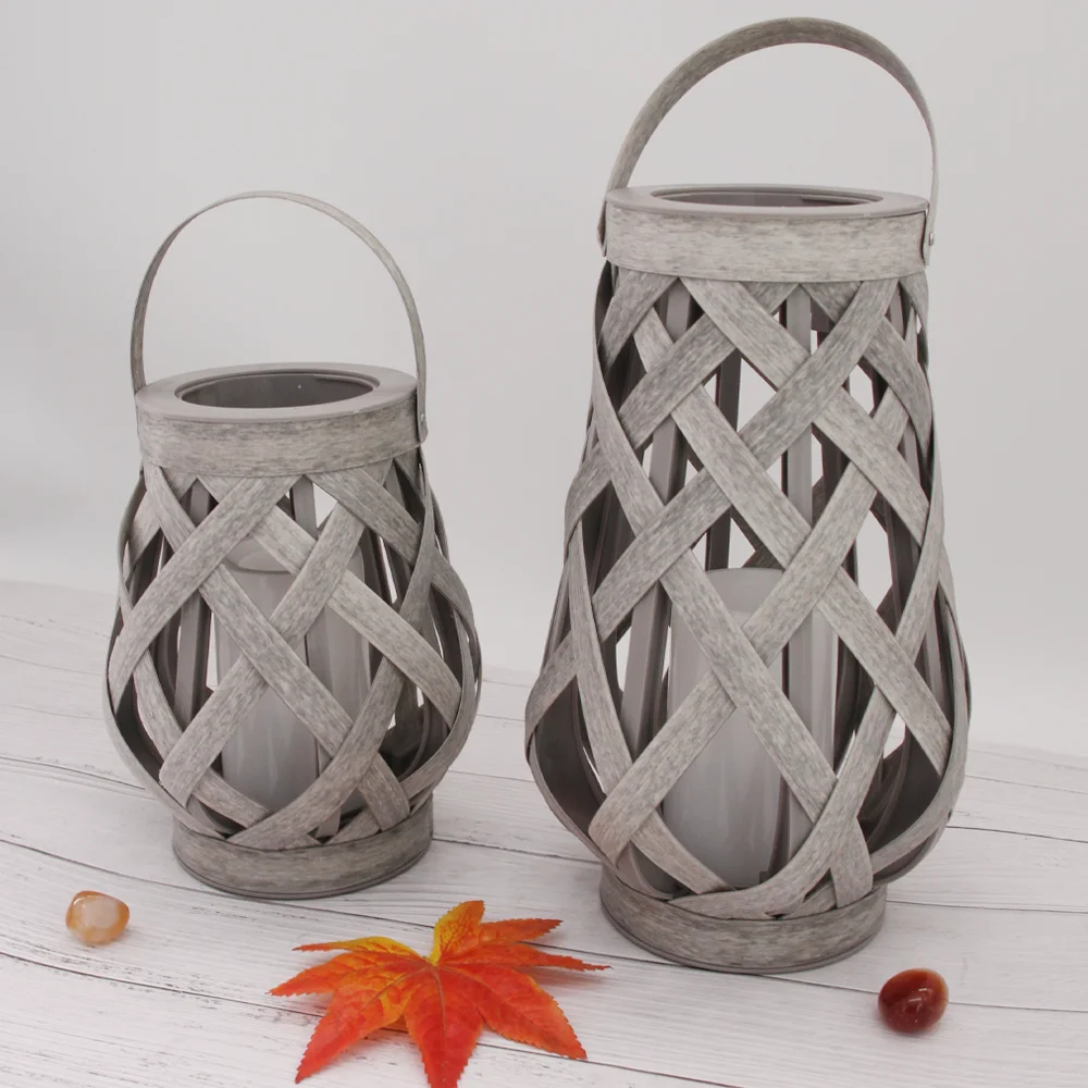 Decorative Outdoor Garden Hanging Led Waterpoof Grey Lantern Handmade Plastic Solar Candle Rattan Lantern Led Flameless Candle