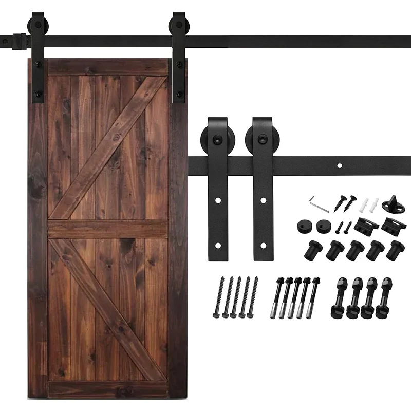 Heavy Duty Frameless Barn Door Hardware Basic Black Vertical Spoke Wheel Roller Kit Single Wood Sliding Barn Door Hardware Kit