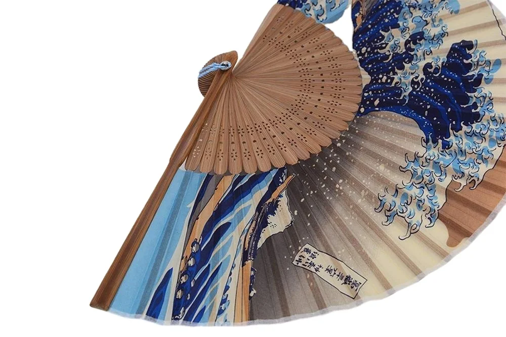 Handmade Landscape Dancing Cosplay Wedding Party Sea Waves Bamboo Silk Folding Fan For Women Ladys Girls