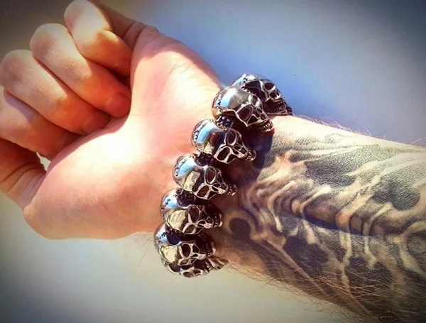 Chunky Skull Head Bracelet for Men Stainless Steel Link Chain Biker Skull Bracelet Jewelry