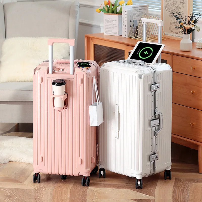 KOOWO 2023 New design Multi functional large capacity ABS PC zipper luggage big size Aluminum frame Suitcase with Cup holder