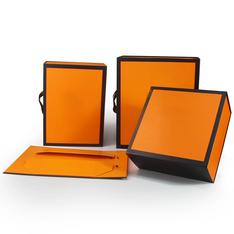 Luxury orange cardboard clothes scarf towel packaging folding paper gift box with with black ribbon