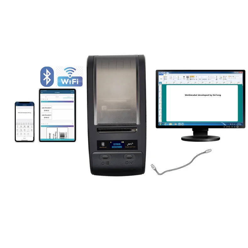 DeTong-DT60S штрих-кода qr-код портативный этикетка с указанием теплопроводящих свойств ткани принтер на открытом воздухе Карманный кабель провод для печати этикеток