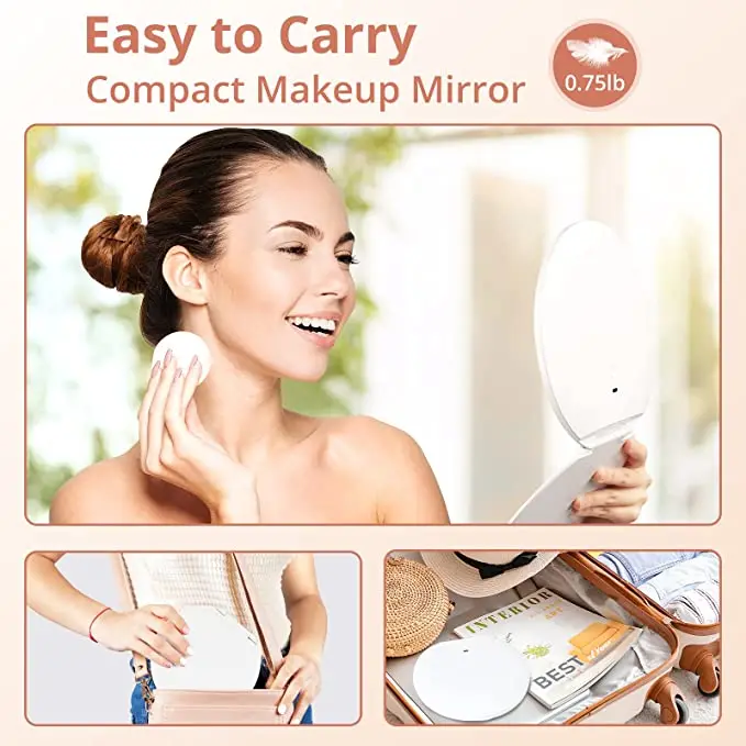 2023 New Arrivals Half Round Rechargeable Travel Makeup Mirror with Lights LED Portable Cosmetic Compact Mirror With Cover Case