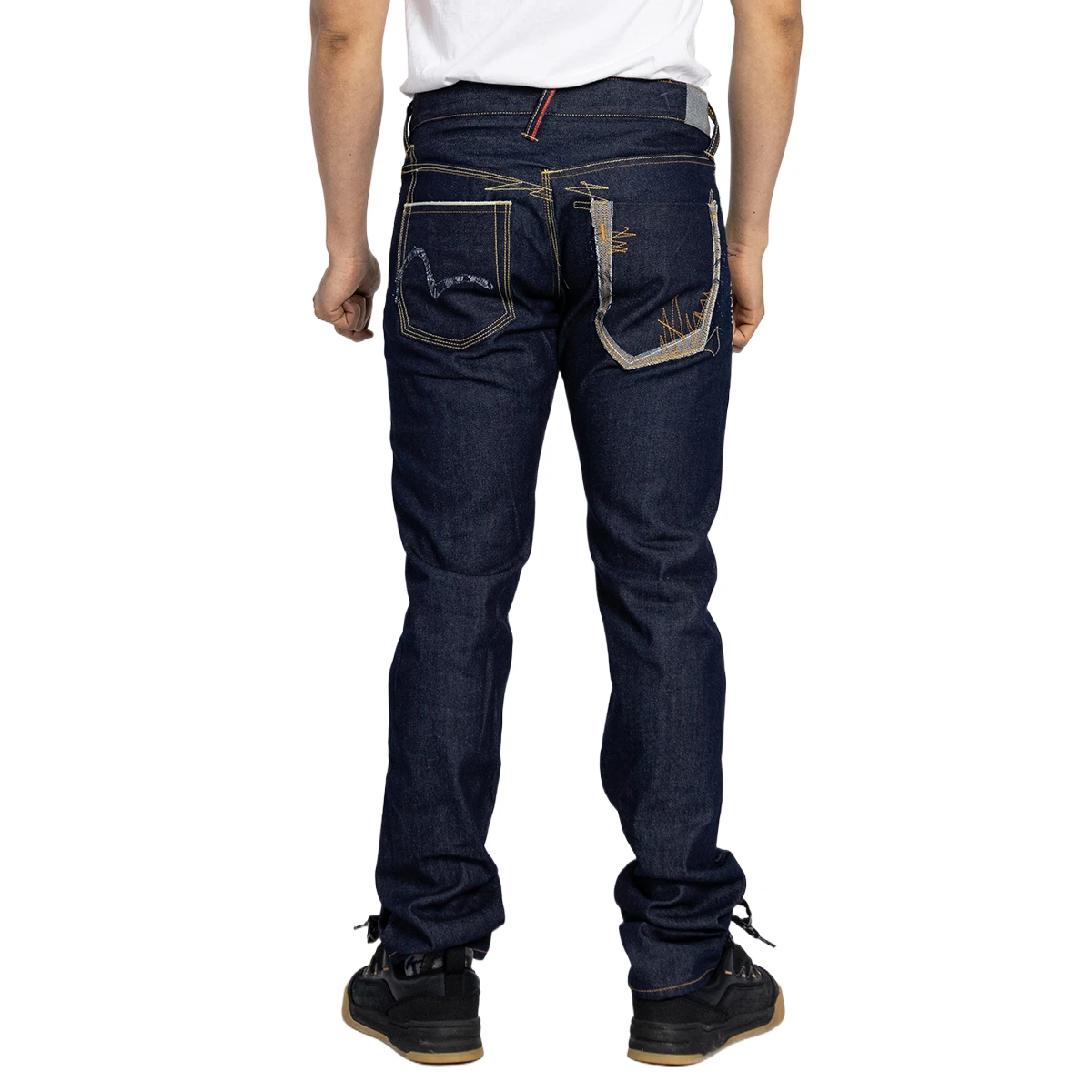 Patchwork Waist Blue Raw Denim straight jeans men slim fit