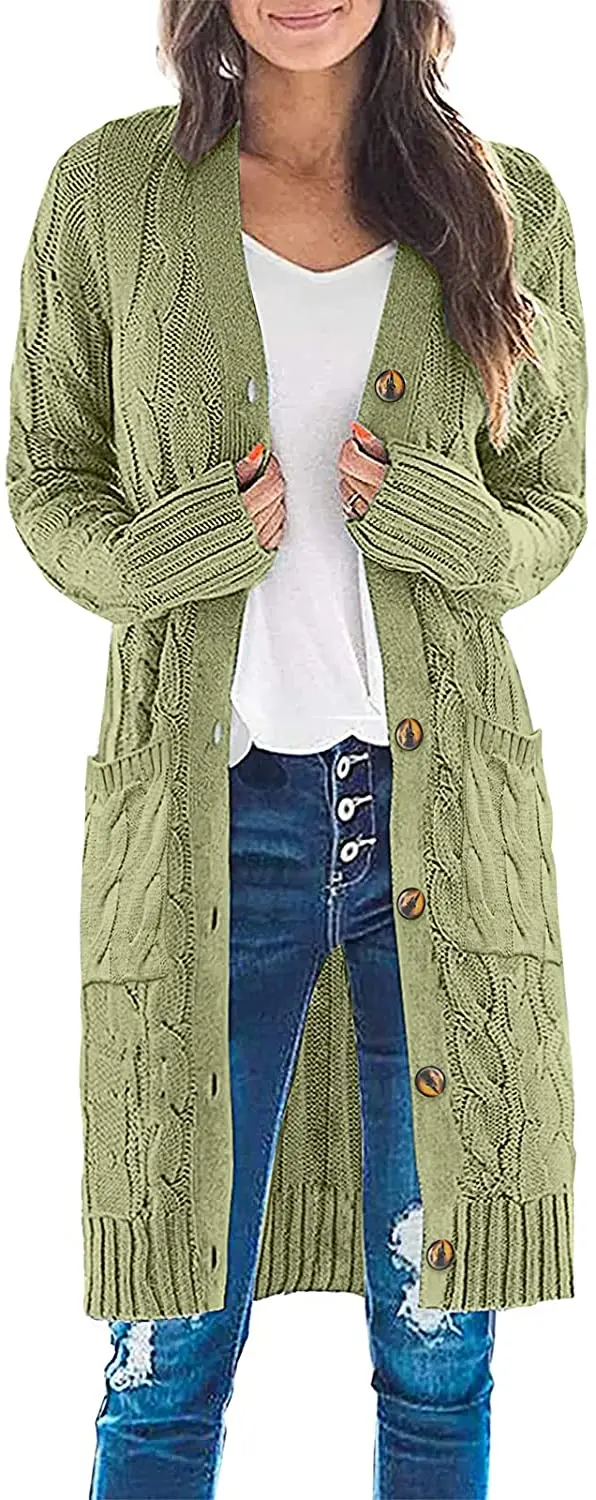 Custom LOGO OEM & ODM    Hot Sell Womens Long Sleeve Cable Knit Long Cardigan Plus Size Open Front Button Sweater