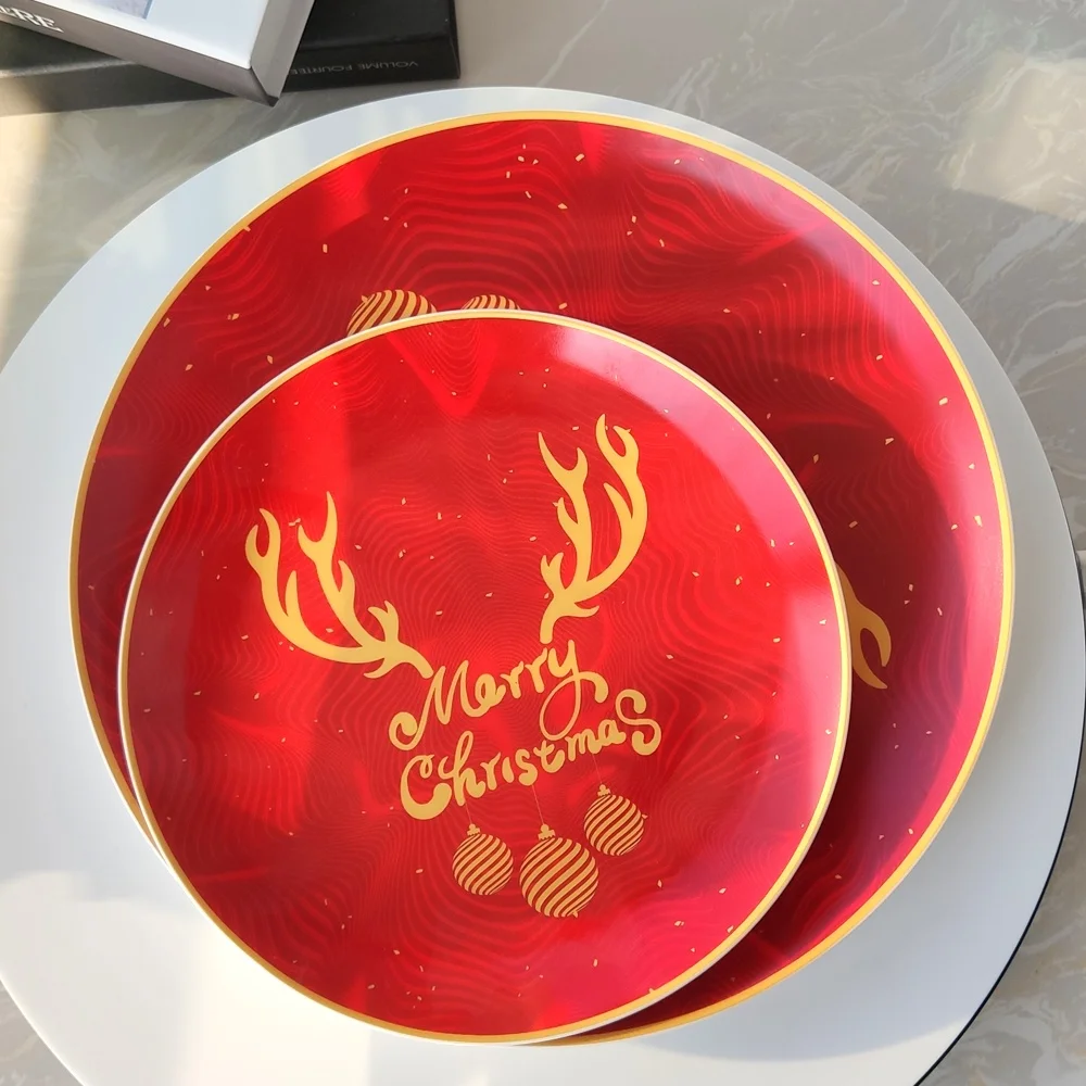 Custom ceramic plate set red bone china dinner sets for christmas tableware