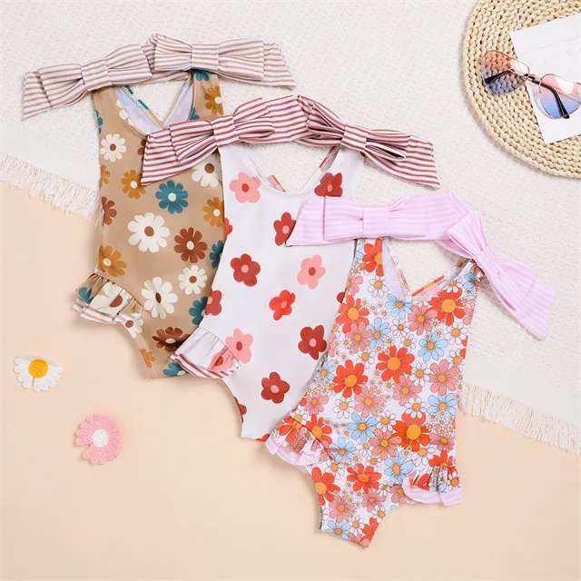 1 Pcs Custom Tag Floral Polyester Summer Baby Infant Clothes Tank Tops Ruffle Toddler Girls Swim Trunk