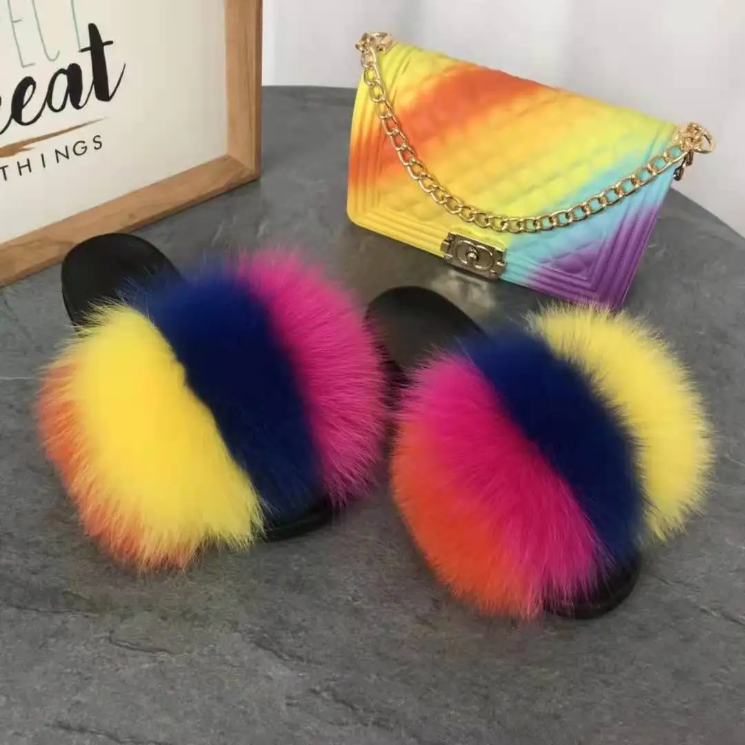 
2021 Wholesale New Design Multicolored Luxury Woman Fur Slides With Purse 