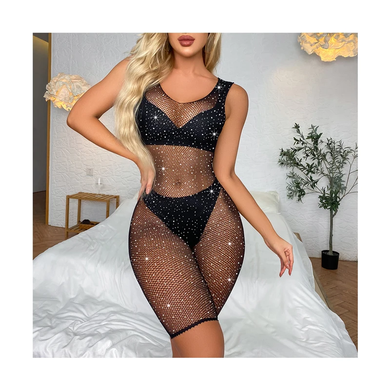 Wholesale fishnet bodystocking rhinestone crystal bodystocking suit lingerie sexy women blingbling body stocking with rhinestone