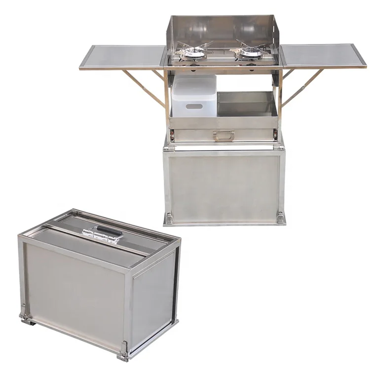 Нержавеющая сталь 304 открытый портативный складной мобильный кемпинг кухонный ящик для хранения с двумя бункерами Кемпинг Плита