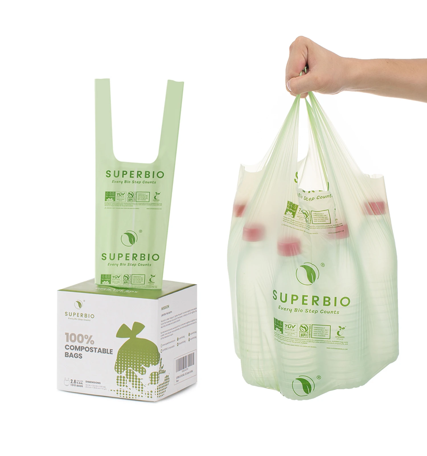 Eco friendly 100% biodegradable bathroom bags handle tie compostable garbage bags 2.6 gallon 100 pcs per box