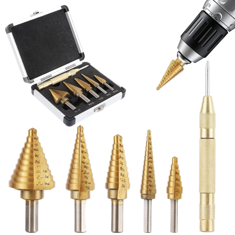6 Pieces HSS Titanium Step Drill Bit Set 50 Sizes 118 Degree High Speed Steel Straight Round Shank for Metal with Aluminum Box