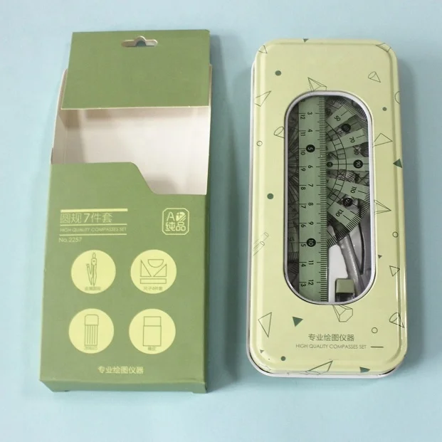
Green Student tin math set with clean Plastic window Geometry Box Math Sets Compass Divider Instrument Stationery 
