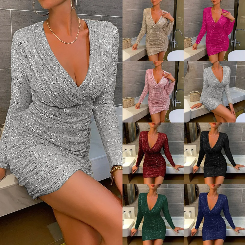 2024 New Women Sexy Bodycon Mini Dress Long Sleeve Fashionable Solid Sequined Dress Evening Party Club V-Neck Short Dress