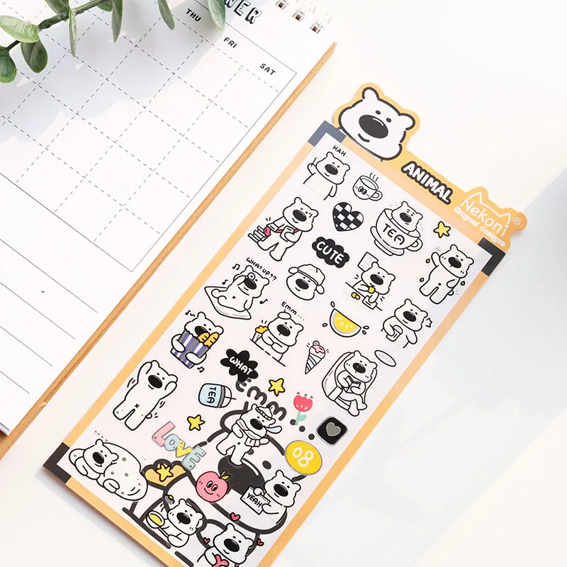 Nekoni Original Designs Animal Stickers Sheet Waterproof Stickers Sheep Panda Dog Bear PVC Decals Vinyl Sticker Planner Decals 