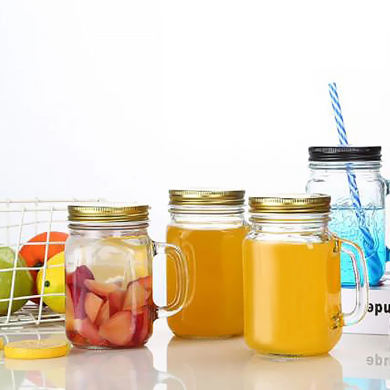 Wholesale Clear  Custom Logo Printing Embossed Bubble Tea Mason Jar Glass With Lid 16oz With Handle