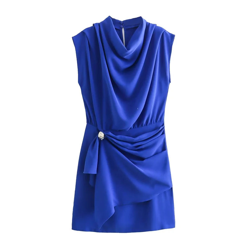 TAOP&ZA 2024 Spring Shoulder Pleated Decorated Buckle Pin Decorated Draped Collar Sleeveless Double-Breasted Dress 9878077