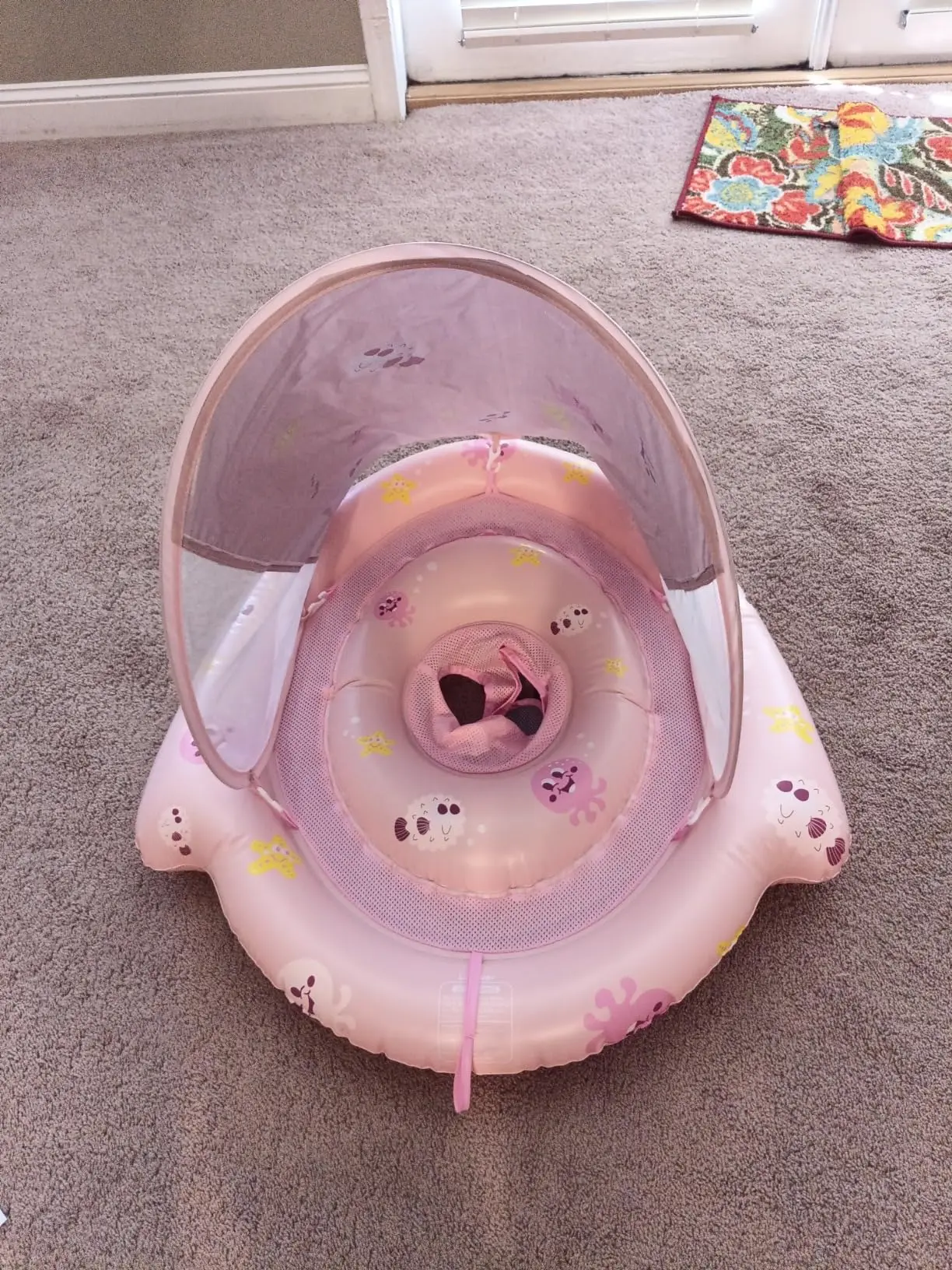 2025 New design upgrade Inflatable baby float with canopy swim trainer Sun shade pink Inflatable Baby Swim Float Seat Boat