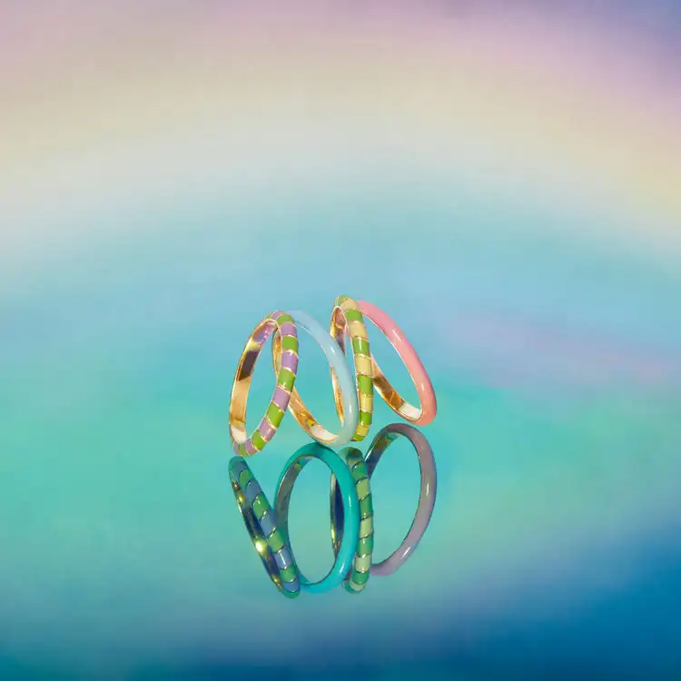 Slovehoony S925 Sterling Sliver Striped Interlaced Rainbow Enamel Sample Korea Gold Plated Custom BanJewelry Band Rings For Girl