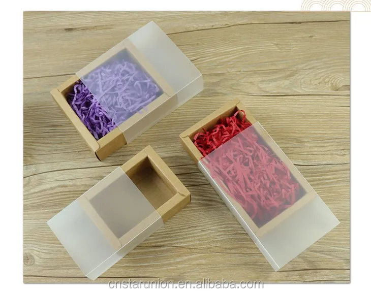 Wholesale Customize Kraft Paper Cardboard Sliding Box with Frosted PVC Sleeve for Cosmetic Soap Flower Gift Packaging Boxes