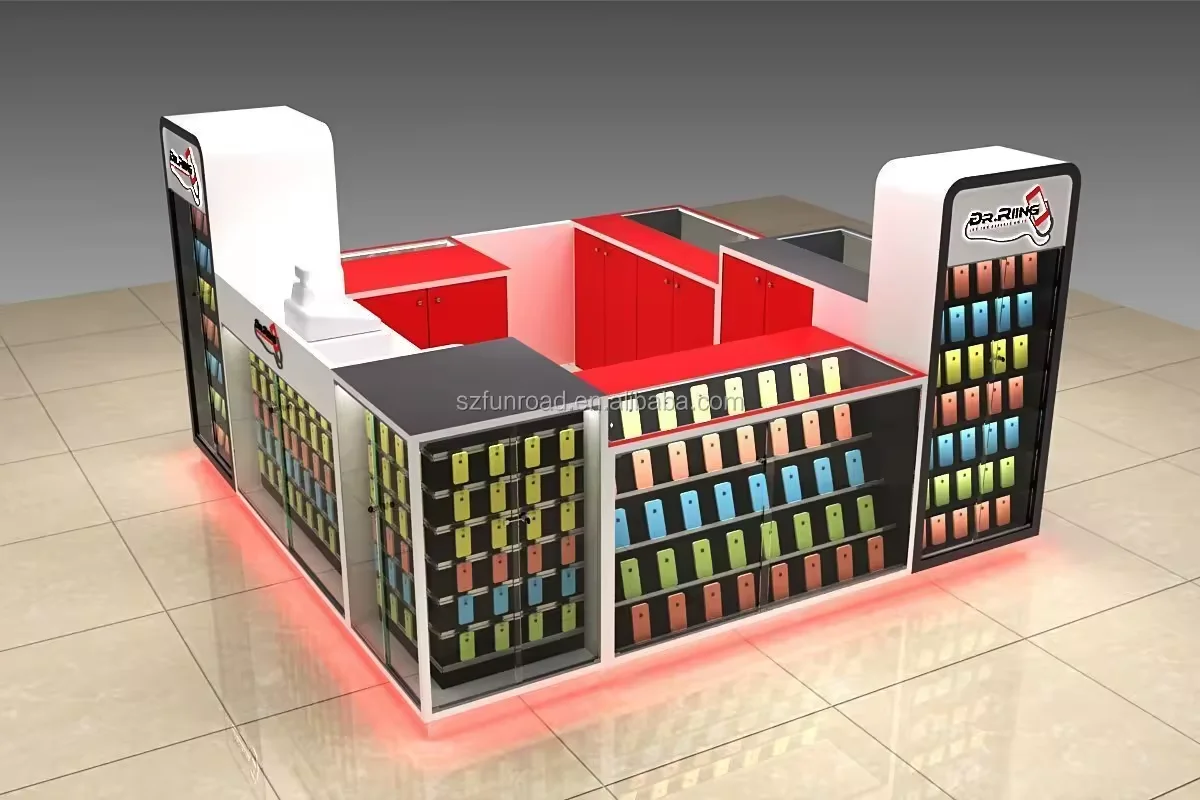 Factory Custom Mobile Phone Case Showcase with Lights Cellphone Repair Counter Display Modern Cell Phone Kiosk for Sale